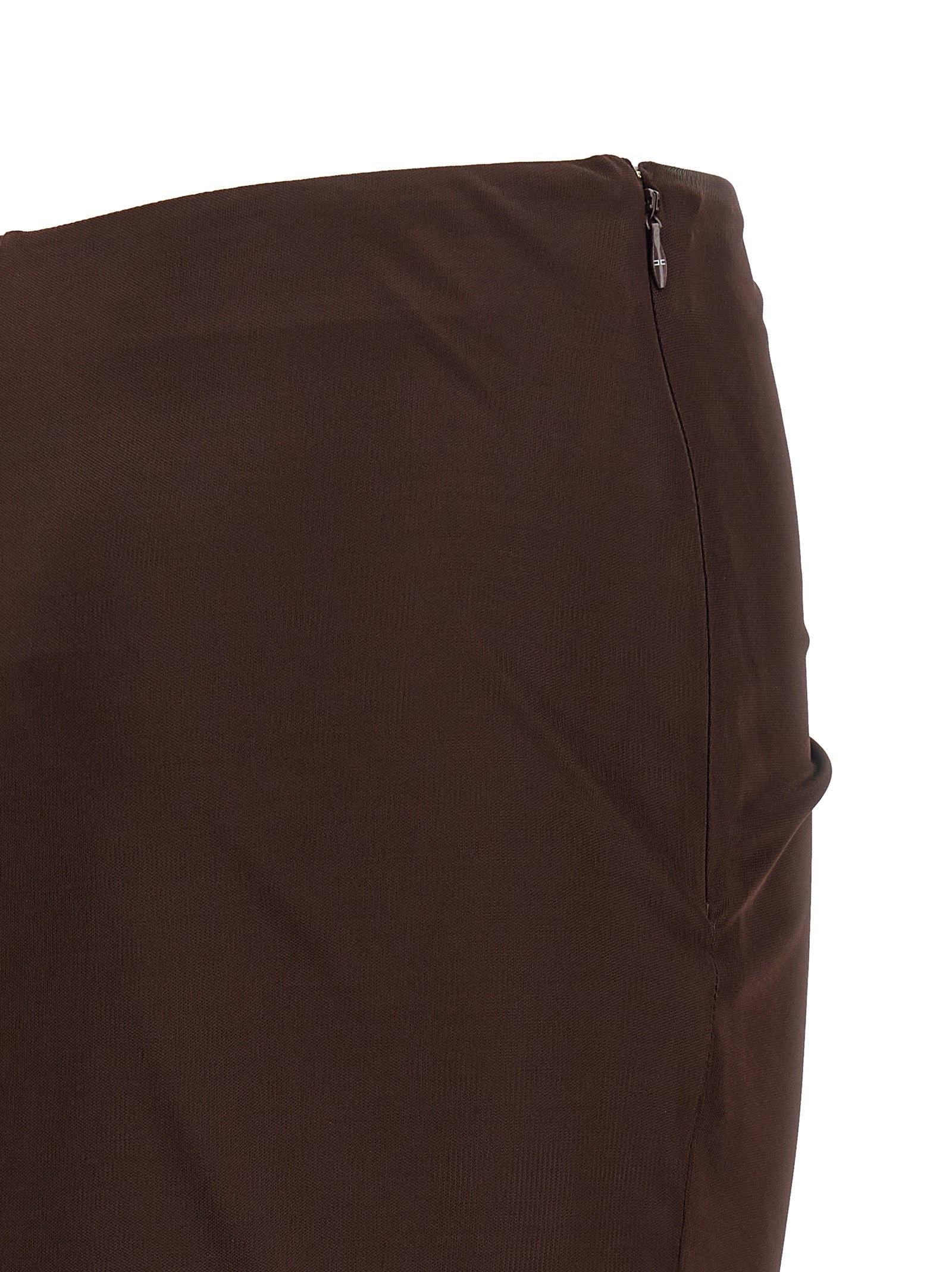 Skirt by Elisabetta Franchi for women in viscose brown showcases a sultry silhouette, elegantly defined by its mini and the sophisticated sultry design of the Women's Tailored Viscose Mini Skirt.