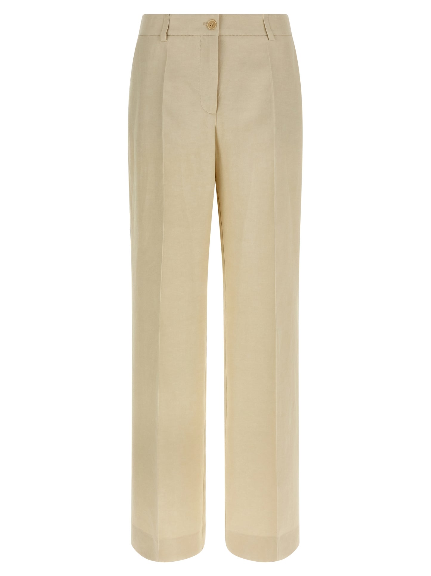 Trousers by P.A.R.O.S.H. for women in linen & viscose beige presents a perennial silhouette, meticulously tailored with a wide cut, long finish, and an elegant .