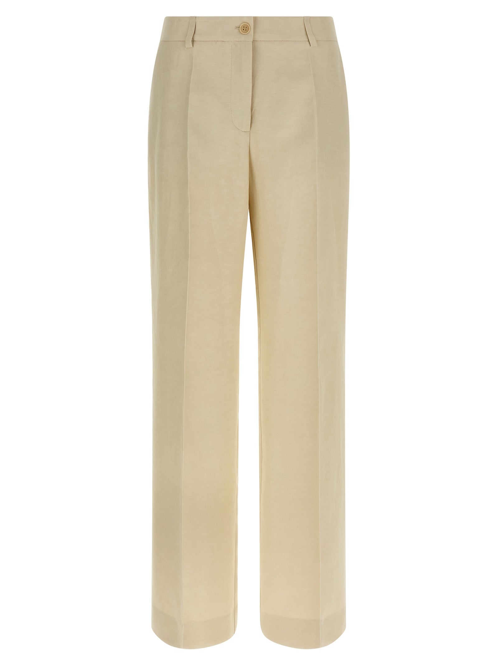 Trousers by P.A.R.O.S.H. for women in linen & viscose beige presents a perennial silhouette, meticulously tailored with a wide cut, long finish, and an elegant .