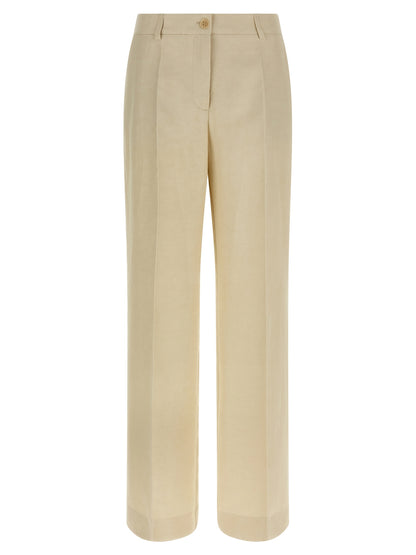 Trousers by P.A.R.O.S.H. for women in linen & viscose beige presents a perennial silhouette, meticulously tailored with a wide cut, long finish, and an elegant .