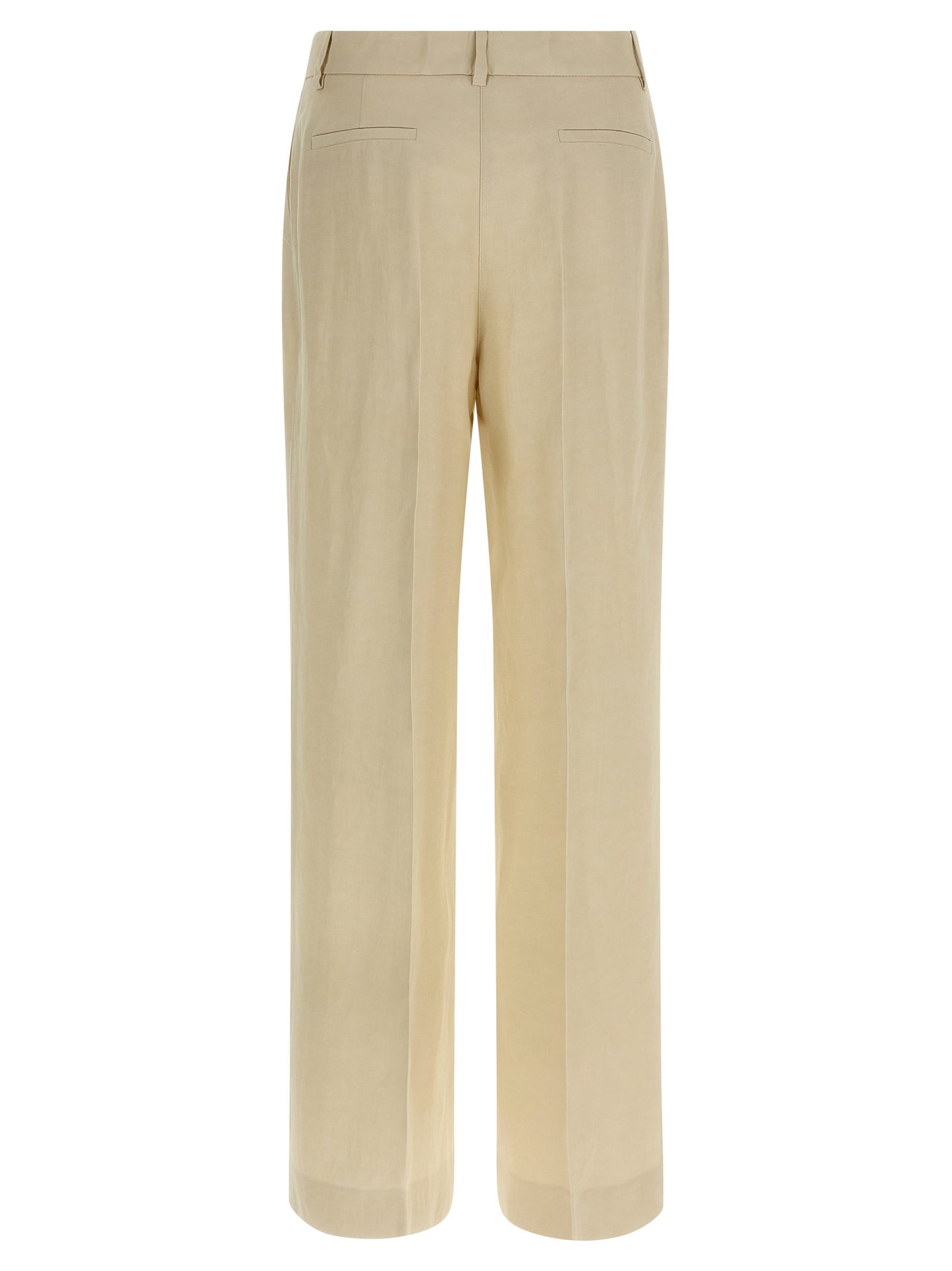 Trousers by P.A.R.O.S.H. for women in linen & viscose beige features an on trend silhouette, showcasing a sophisticated wide with a long and for an on trend finish.