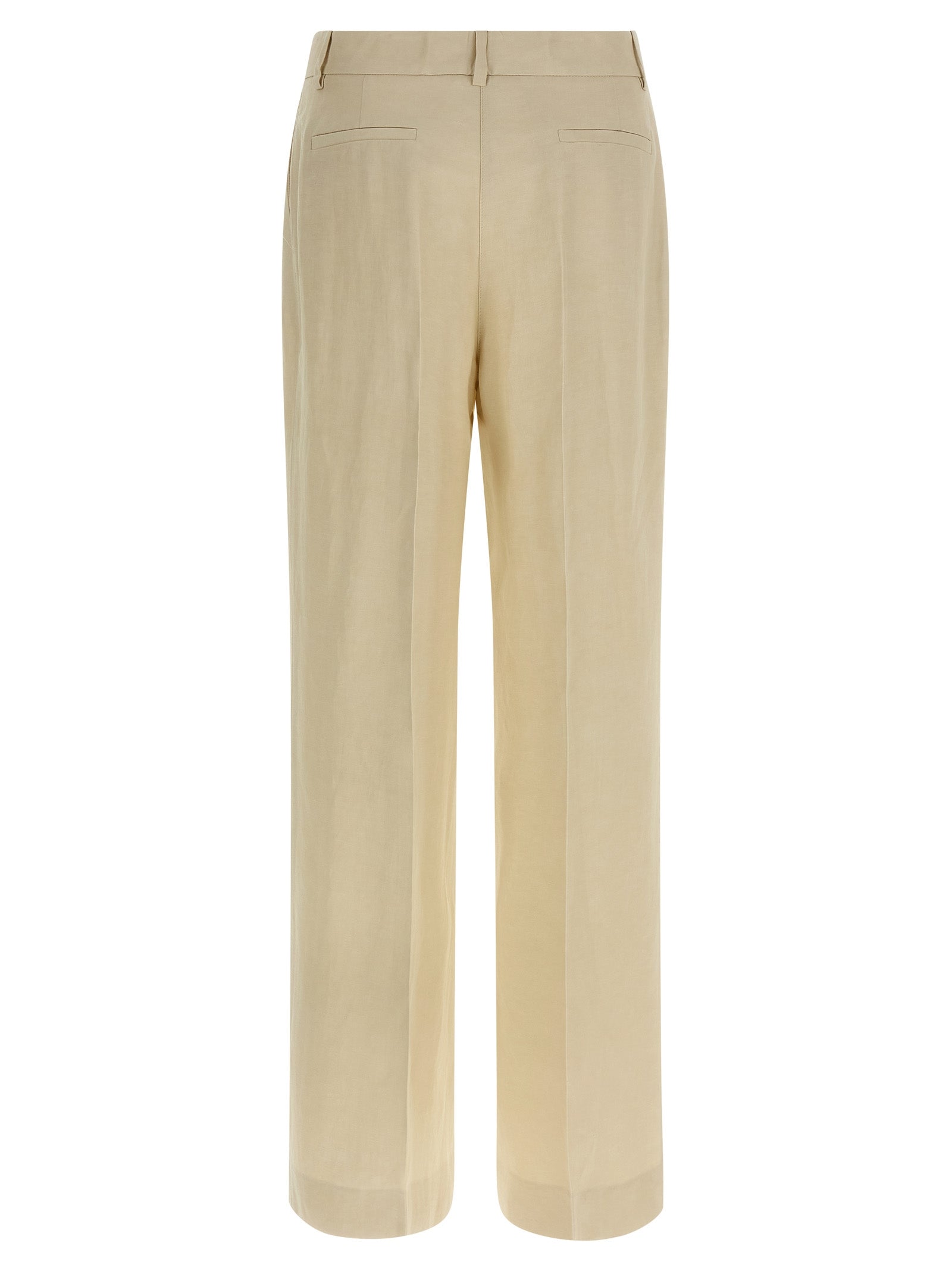 Trousers by P.A.R.O.S.H. for women in linen & viscose beige features an on trend silhouette, showcasing a sophisticated wide with a long and for an on trend finish.
