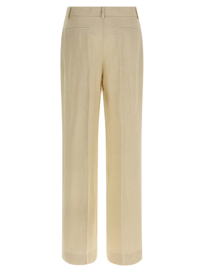 Trousers by P.A.R.O.S.H. for women in linen & viscose beige features an on trend silhouette, showcasing a sophisticated wide with a long and for an on trend finish.