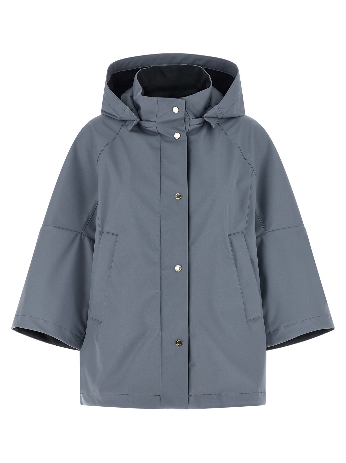 Hooded Windbreaker Jacket by MooRER for women in polyester & polyurethane blue presents a resilient silhouette, artfully detailed with a sophisticated hooded shirt-collar neckline and functional pockets, hooded & windproof for a resilient finish.