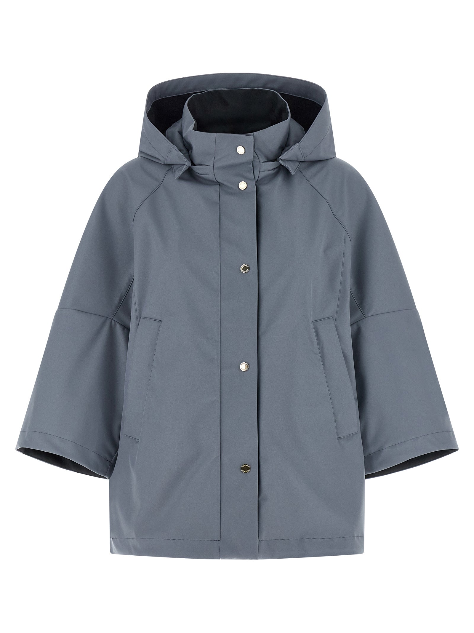 Hooded Windbreaker Jacket by MooRER for women in polyester & polyurethane blue presents a resilient silhouette, artfully detailed with a sophisticated hooded shirt-collar neckline and functional pockets, hooded & windproof for a resilient finish.