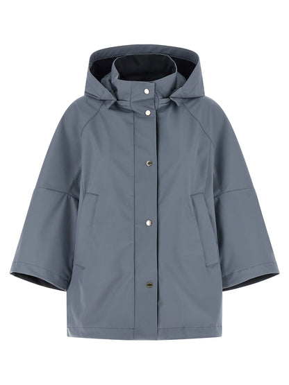 Hooded Windbreaker Jacket by MooRER for women in polyester & polyurethane blue presents a resilient silhouette, artfully detailed with a sophisticated hooded shirt-collar neckline and functional pockets, hooded & windproof for a resilient finish.