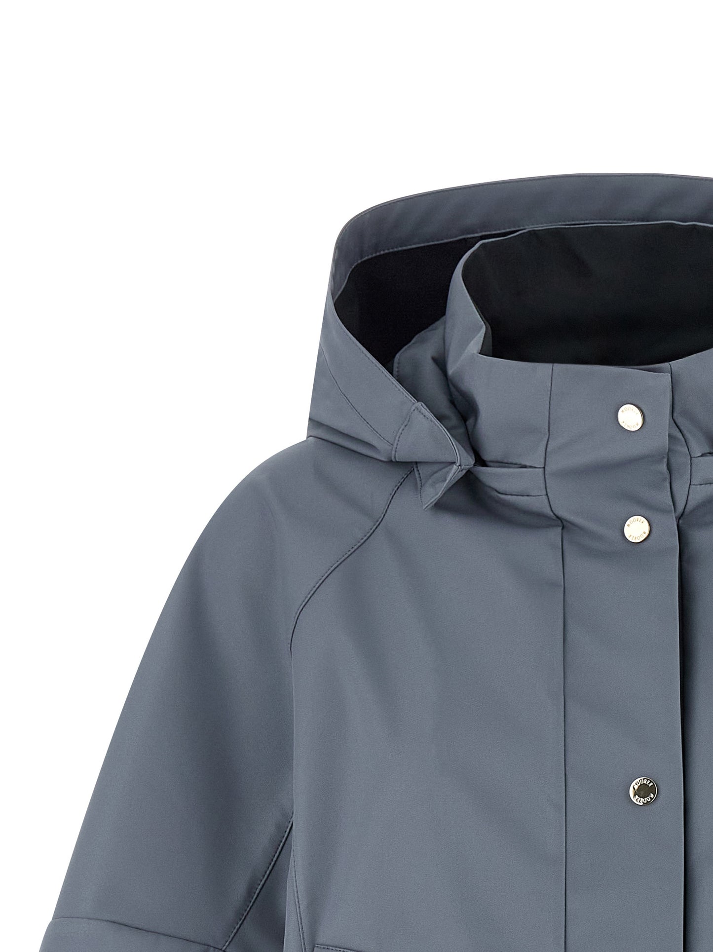Hooded Windbreaker Jacket by MooRER for women in polyester & polyurethane blue features an perennial silhouette with a refined hooded shirt-collar neckline and perennial pockets, hooded & windproof for a sophisticated weather-resistant look.