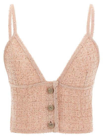 Tank Top by Alessandra Rich for women in polyester merino wool & sequins multicolor, pink & patterned showcases a perennial silhouette, artfully detailed with a sleeveless design and a perennial .