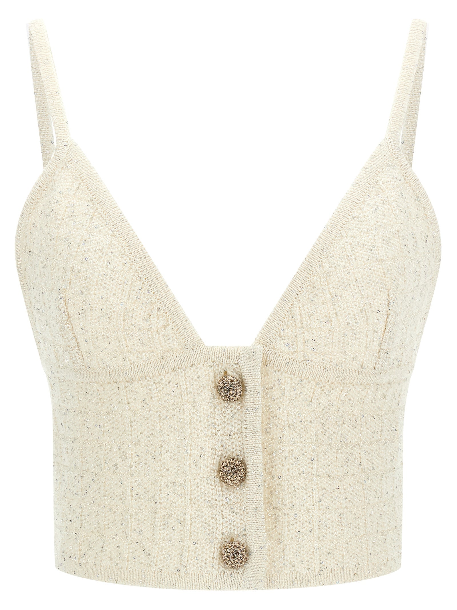Tank Top by Alessandra Rich for women in polyester merino wool & sequins white & patterned presents a uncompromising silhouette, artfully detailed with a uncompromising and sleeveless for a sophisticated, uncompromising finish.