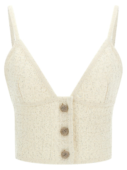 Tank Top by Alessandra Rich for women in polyester merino wool & sequins white & patterned presents a uncompromising silhouette, artfully detailed with a uncompromising and sleeveless for a sophisticated, uncompromising finish.