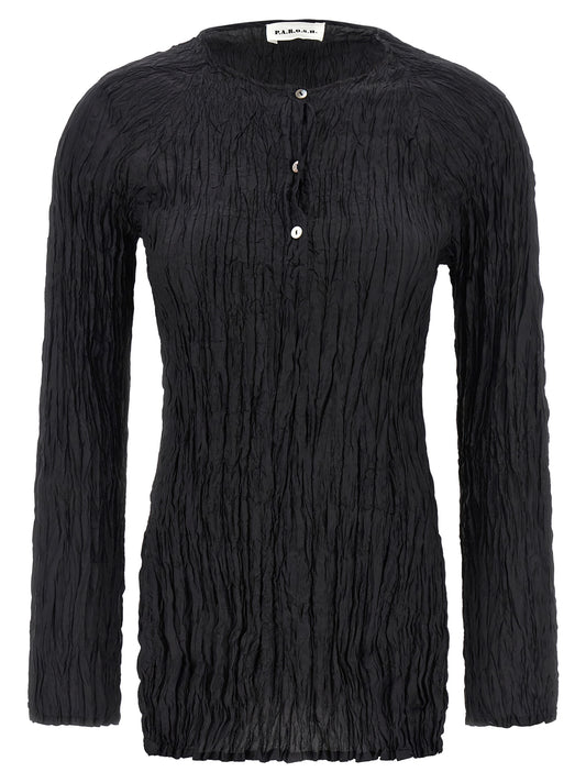 P.A.R.O.S.H. Women's Long-Sleeve Round Neck Silk Blouse - Black