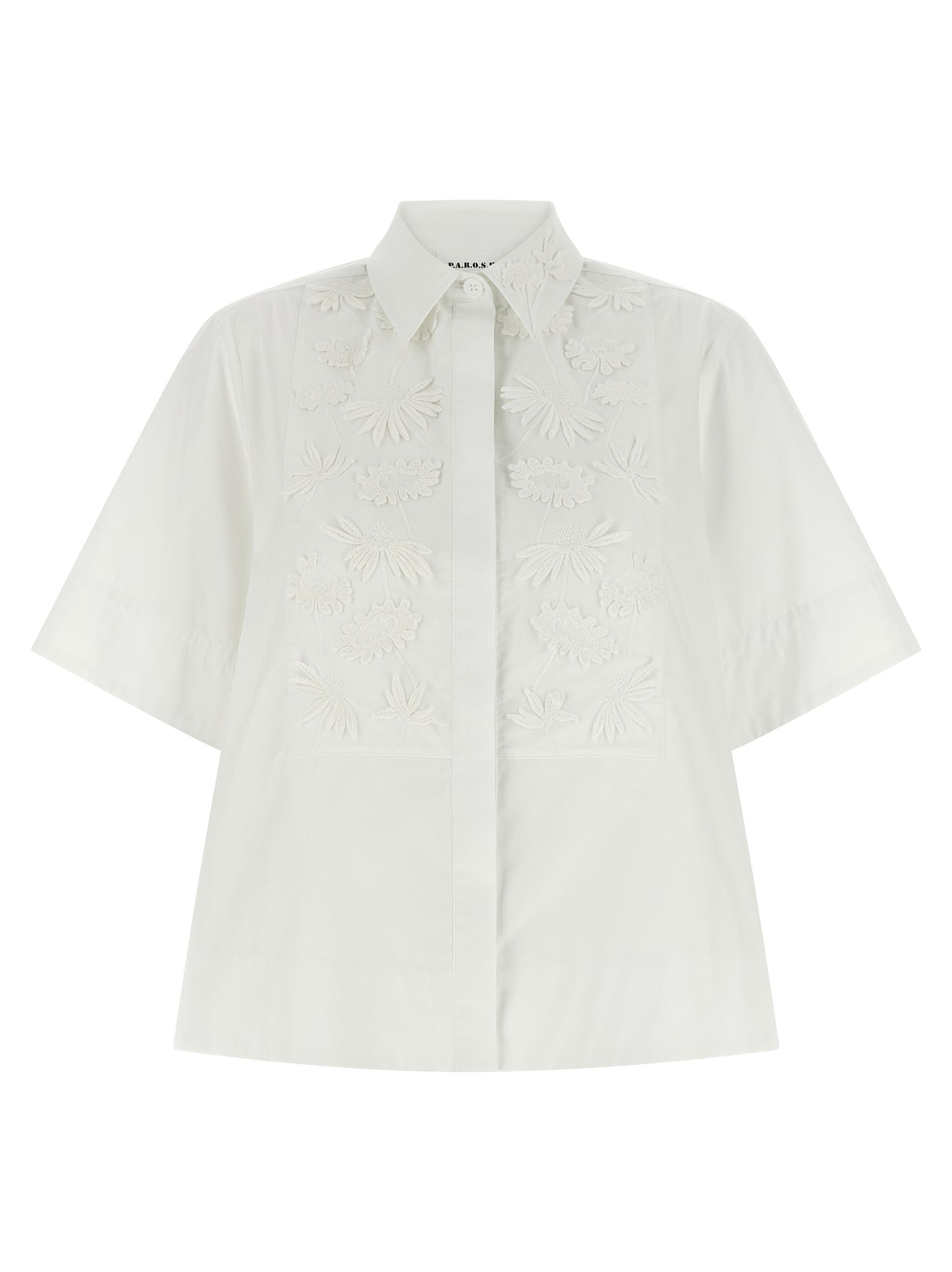 Blouse by P.A.R.O.S.H. for women in cotton white showcases a sharp silhouette, elegantly detailed with a sharp and sharp short-sleeve.