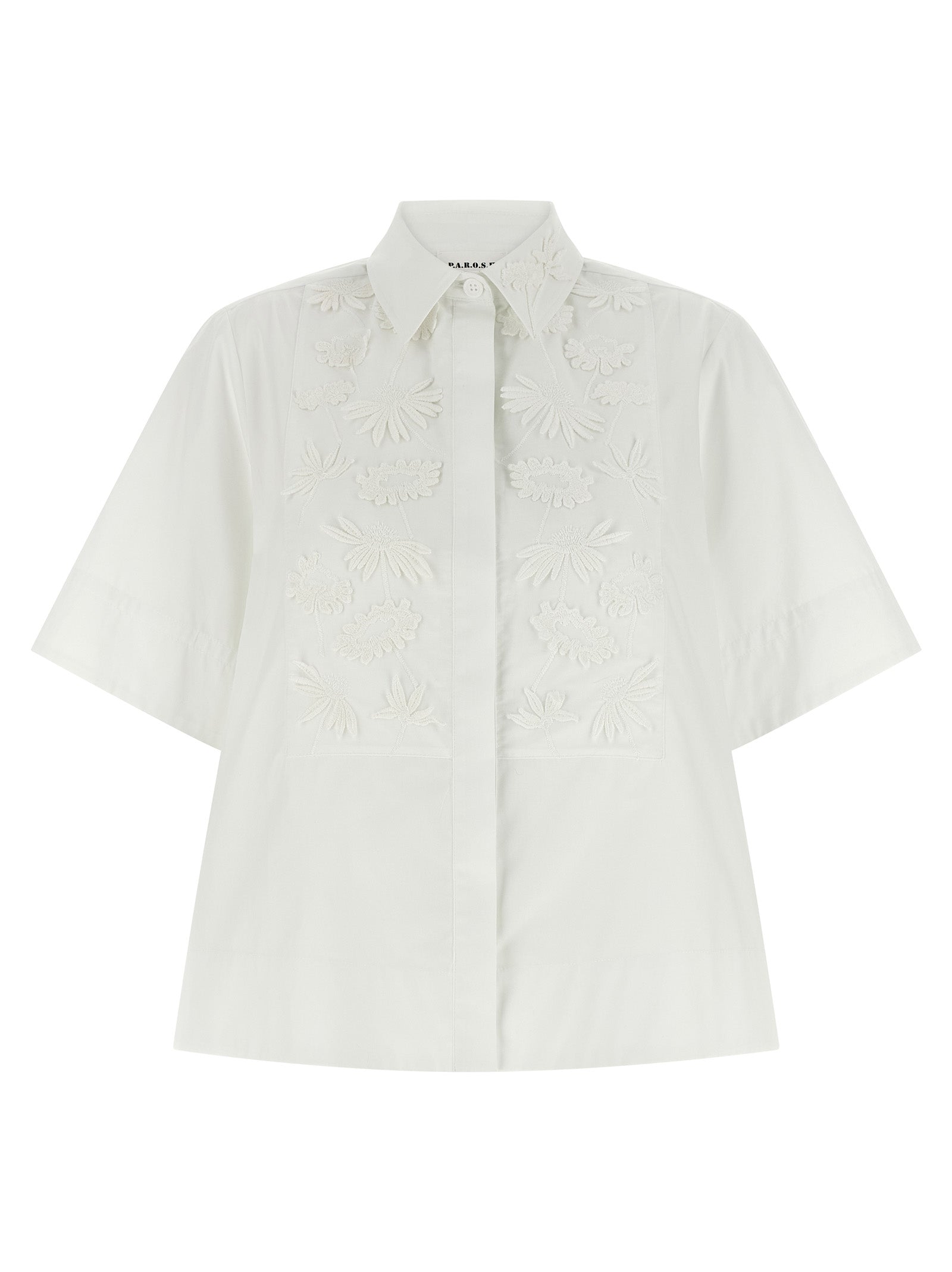 Blouse by P.A.R.O.S.H. for women in cotton white showcases a sharp silhouette, elegantly detailed with a sharp and sharp short-sleeve.