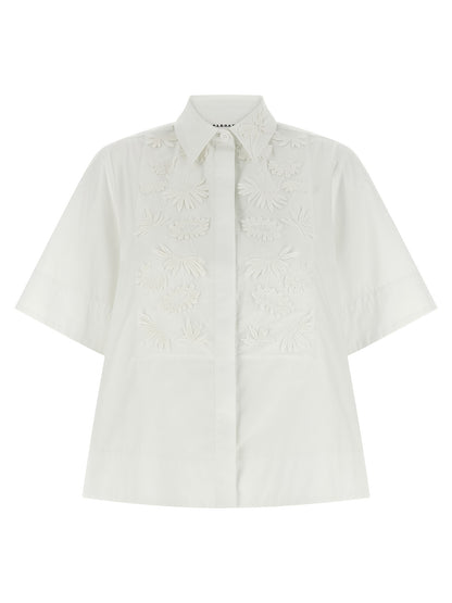 Blouse by P.A.R.O.S.H. for women in cotton white showcases a sharp silhouette, elegantly detailed with a sharp and sharp short-sleeve.