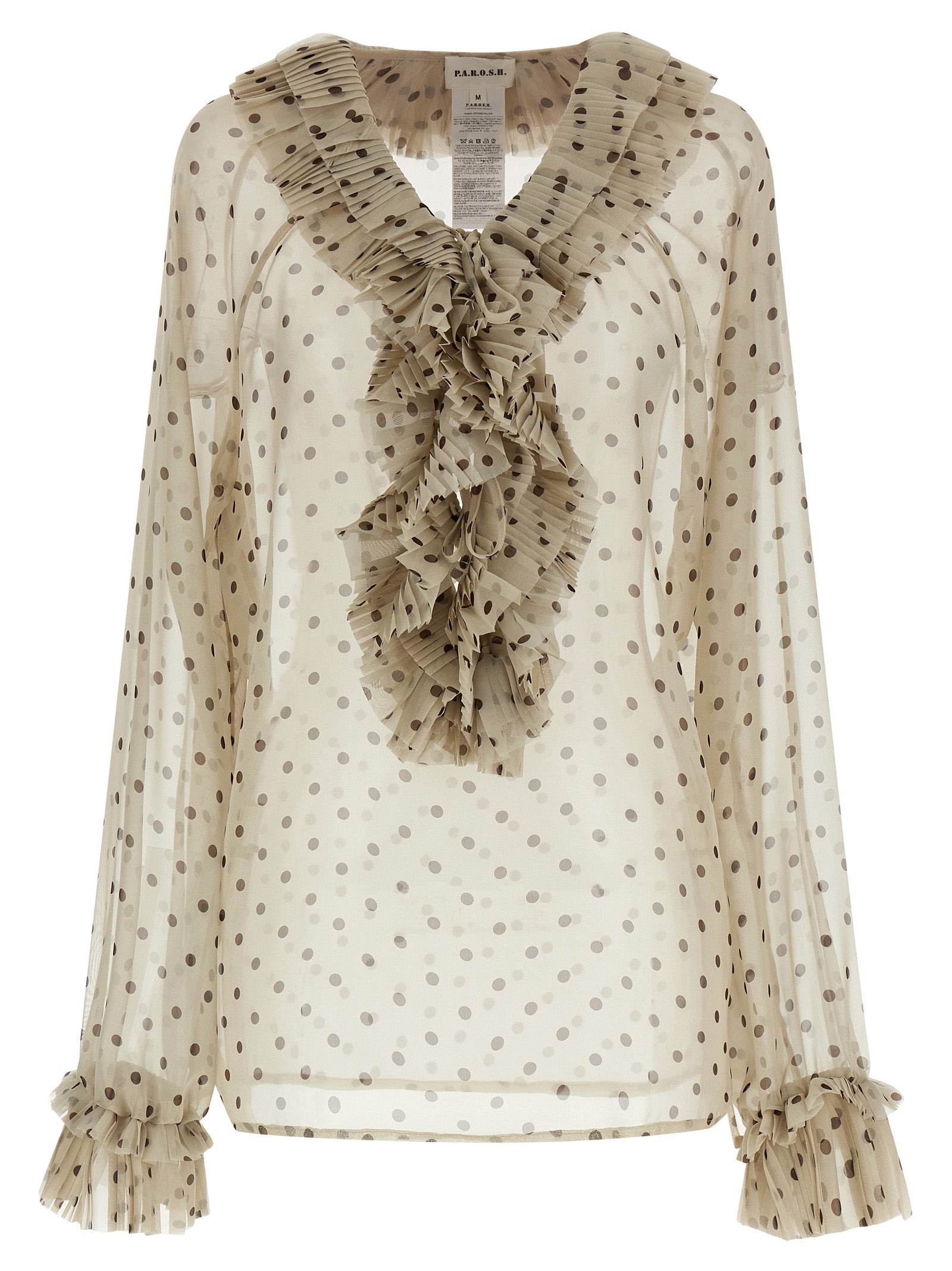 Blouse by P.A.R.O.S.H. for women in polyester beige & transparent presents a discerning silhouette, showcasing a sophisticated v-neck neckline and long-sleeve for a truly discerning finish.
