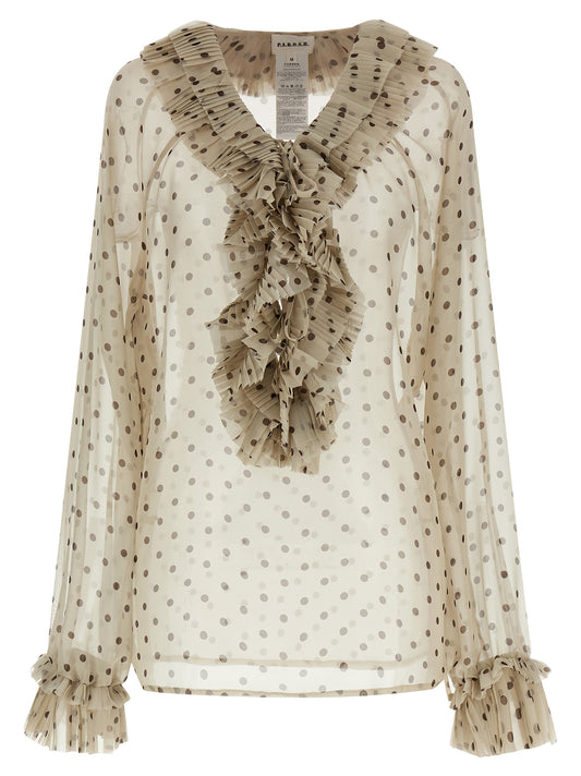 Blouse by P.A.R.O.S.H. for women in polyester beige & transparent presents a discerning silhouette, showcasing a sophisticated v-neck neckline and long-sleeve for a truly discerning finish.