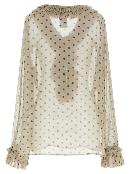 Blouse by P.A.R.O.S.H. for women in polyester beige & transparent features an polished silhouette, showcasing a sophisticated v-neck neckline and detail for a truly polished finish.