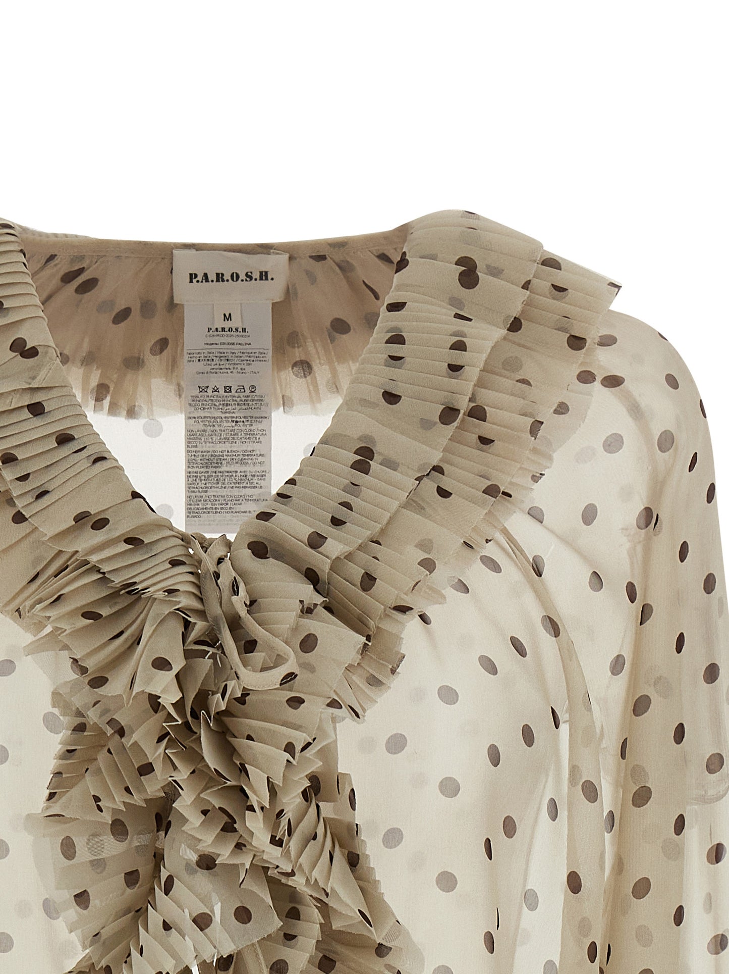 Blouse by P.A.R.O.S.H. for women in polyester beige & transparent features an architectural silhouette with a refined and elegant v-neck neckline for a architectural look.