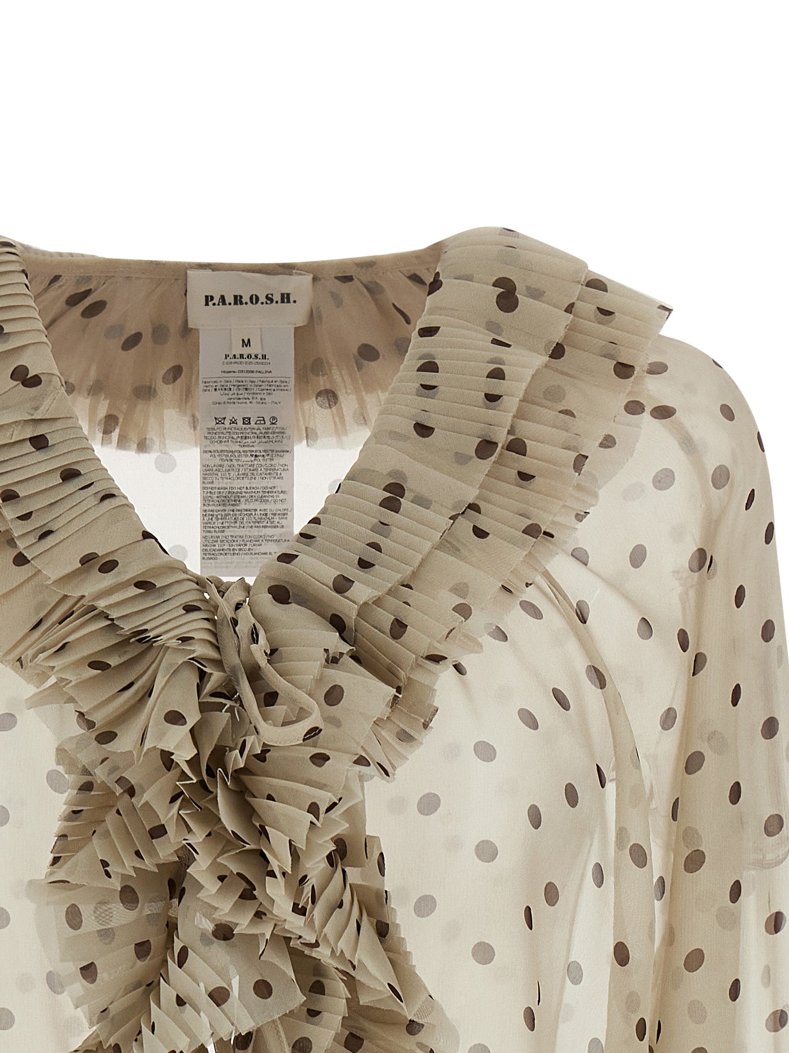 Blouse by P.A.R.O.S.H. for women in polyester beige & transparent features an architectural silhouette with a refined and elegant v-neck neckline for a architectural look.