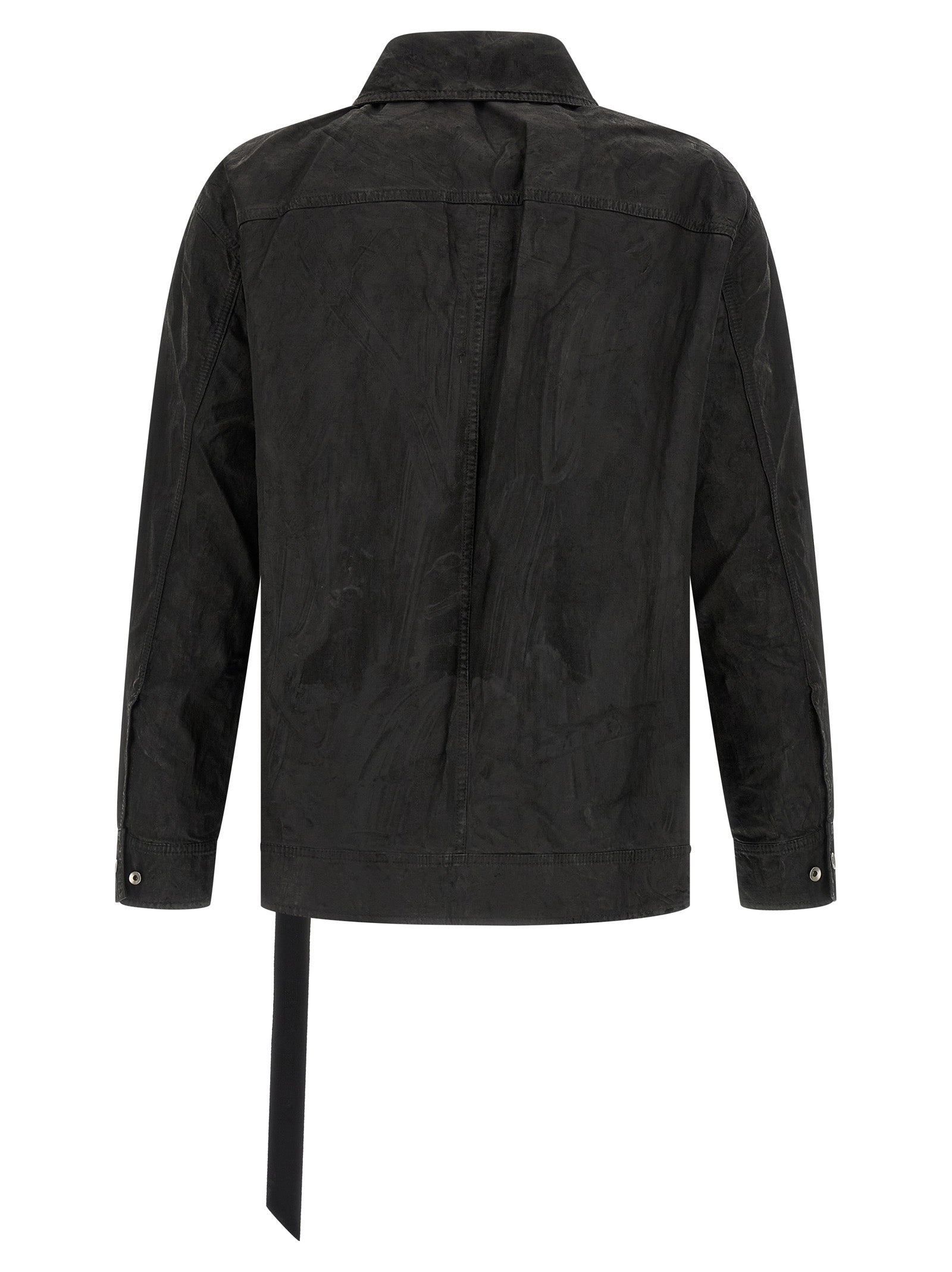 Trucker Jacket by DRKSHDW for men in denim cotton black features a dramatic silhouette, showcasing a sophisticated shirt-collar neckline and distinctive pockets for a dramatic aesthetic.