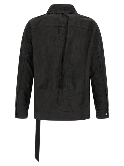Trucker Jacket by DRKSHDW for men in denim cotton black features a dramatic silhouette, showcasing a sophisticated shirt-collar neckline and distinctive pockets for a dramatic aesthetic.