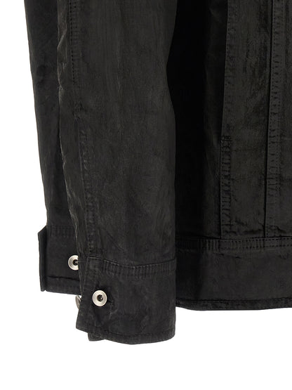 Trucker Jacket by DRKSHDW for men in denim cotton black showcases a bohemian silhouette, artfully detailed with a bohemian and signature pockets for a truly bohemian finish.