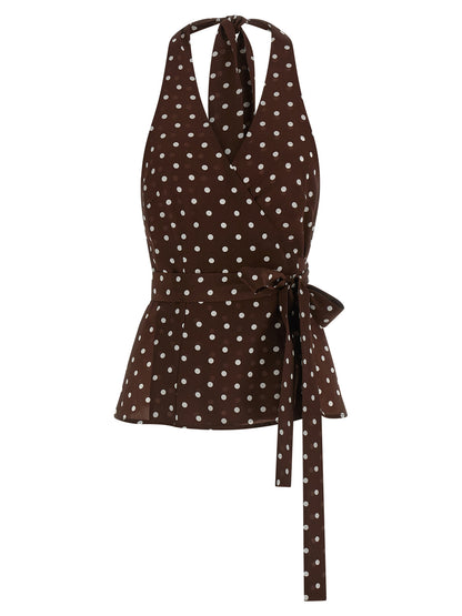 Tank Top by P.A.R.O.S.H. for women in silk brown & print presents a uncompromising silhouette, artfully detailed with a uncompromising wrap neckline and sleeveless for a sophisticated, uncompromising finish.