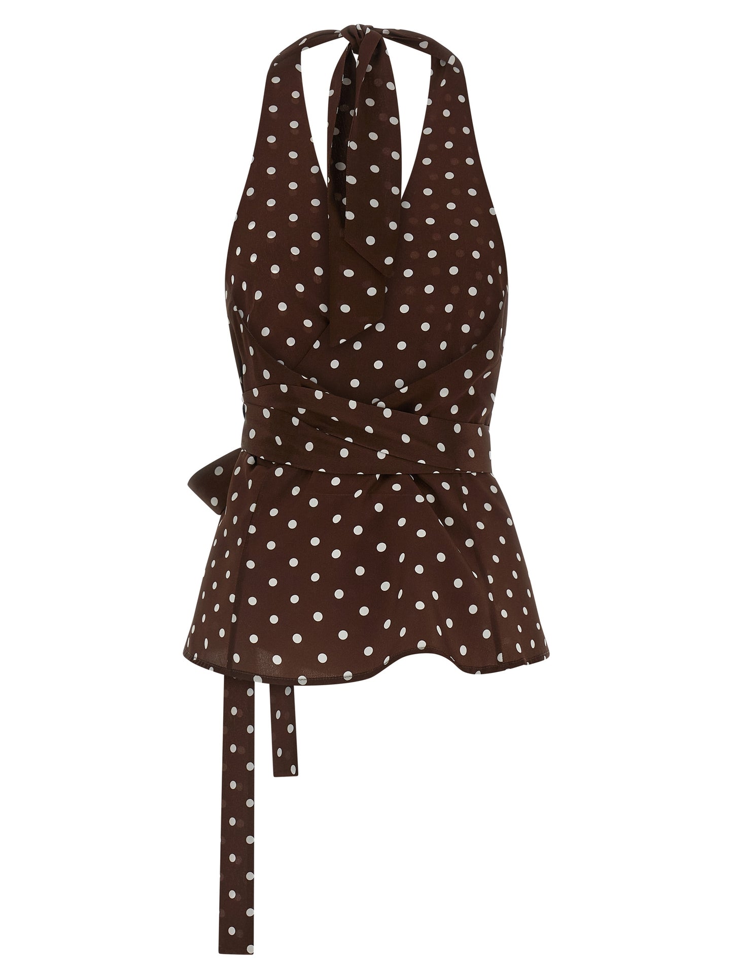 Tank Top by P.A.R.O.S.H. for women in silk brown & print showcases a perennial silhouette, artfully detailed with a design and a perennial wrap neckline.