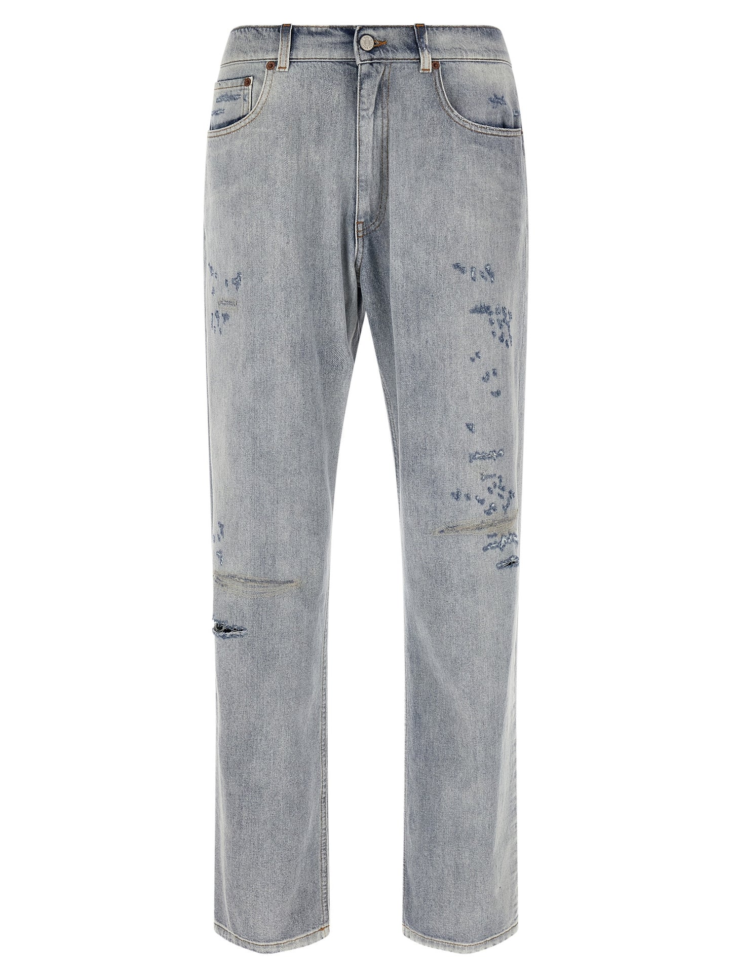 Jeans by MM6 Maison Margiela for men in denim cotton light-blue, white & signature features an sartorial straight-leg, relaxed-fit & wide and long with a cut for a sartorial finish.