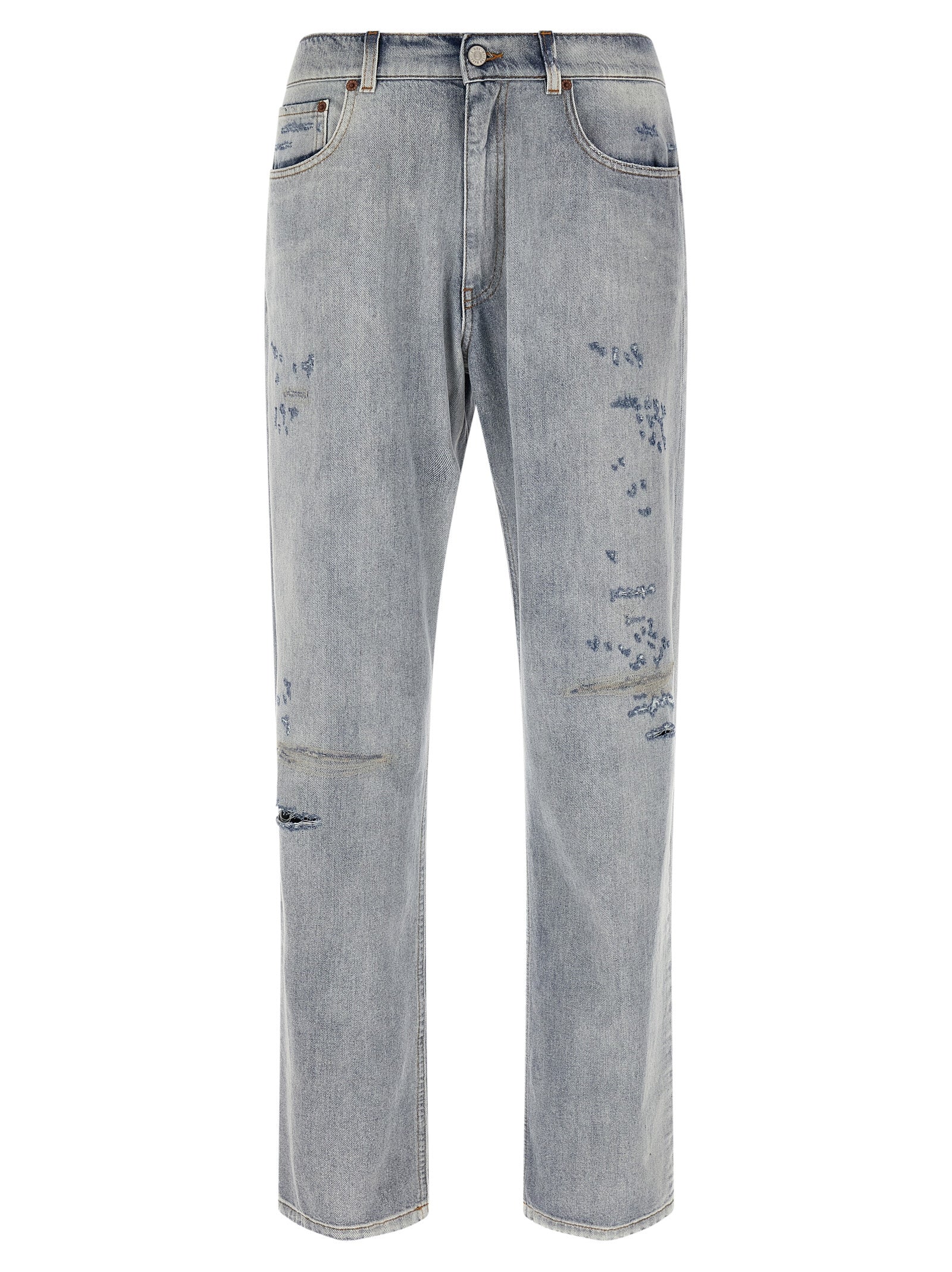 Jeans by MM6 Maison Margiela for men in denim cotton light-blue, white & signature features an sartorial straight-leg, relaxed-fit & wide and long with a cut for a sartorial finish.
