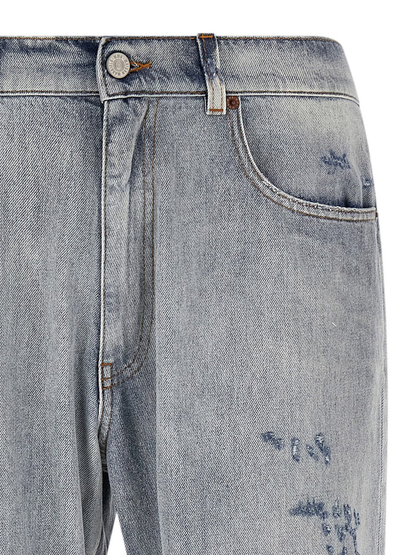 Jeans by MM6 Maison Margiela for men in denim cotton light-blue, white & signature presents a refined pantology silhouette, artfully defined by a refined pantology straight-leg, relaxed-fit & wide, long, and a sophisticated .