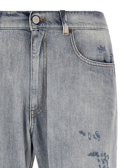 Jeans by MM6 Maison Margiela for men in denim cotton light-blue, white & signature presents a refined pantology silhouette, artfully defined by a refined pantology straight-leg, relaxed-fit & wide, long, and a sophisticated .