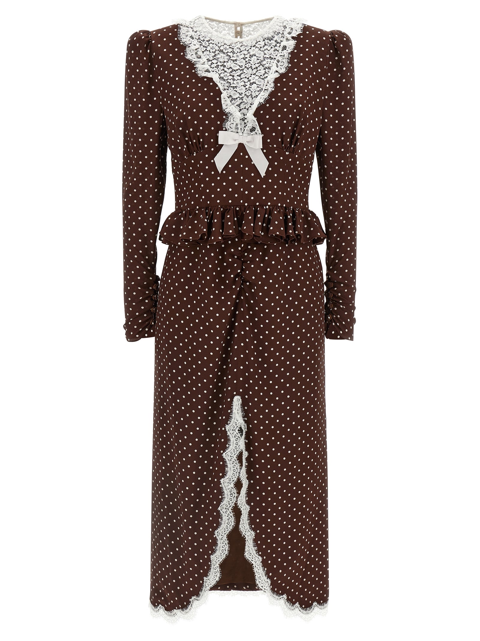 Dress by Alessandra Rich for women in silk brown & dots features an eye catching silhouette with a sophisticated crew split neckline, elegant long-sleeve, and a refined midi for a eye catching aesthetic.