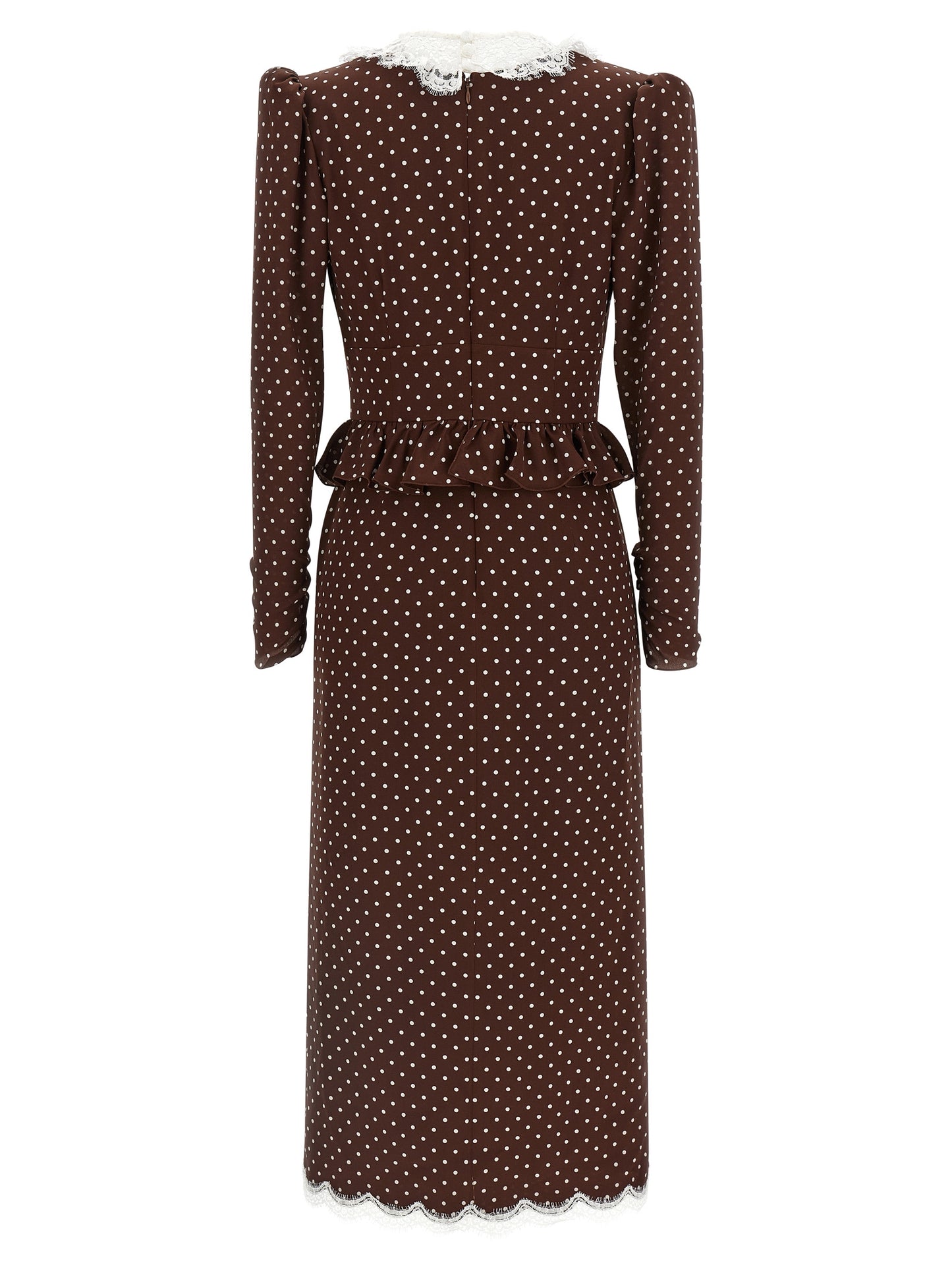 Dress by Alessandra Rich for women in silk brown & dots showcases a striking silhouette, elegantly detailed with a , refined crew split neckline, and a striking midi for a striking finish.