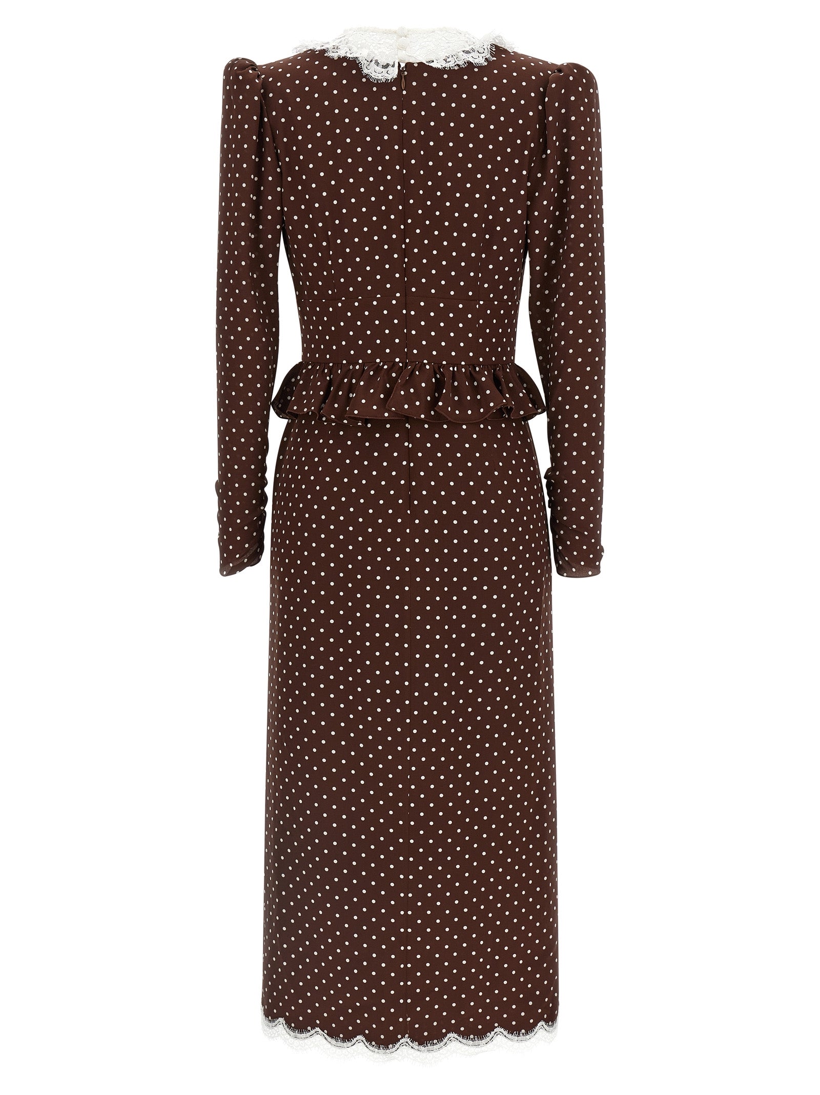 Dress by Alessandra Rich for women in silk brown & dots showcases a striking silhouette, elegantly detailed with a , refined crew split neckline, and a striking midi for a striking finish.