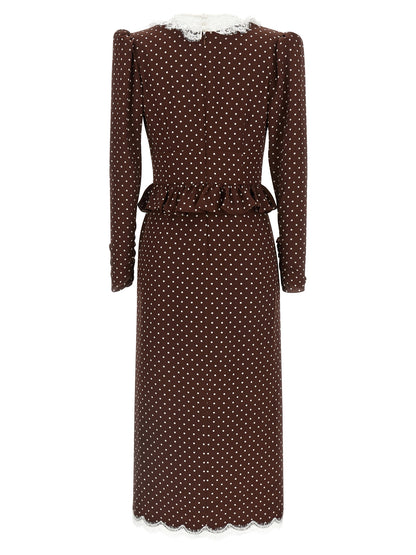 Dress by Alessandra Rich for women in silk brown & dots showcases a striking silhouette, elegantly detailed with a , refined crew split neckline, and a striking midi for a striking finish.