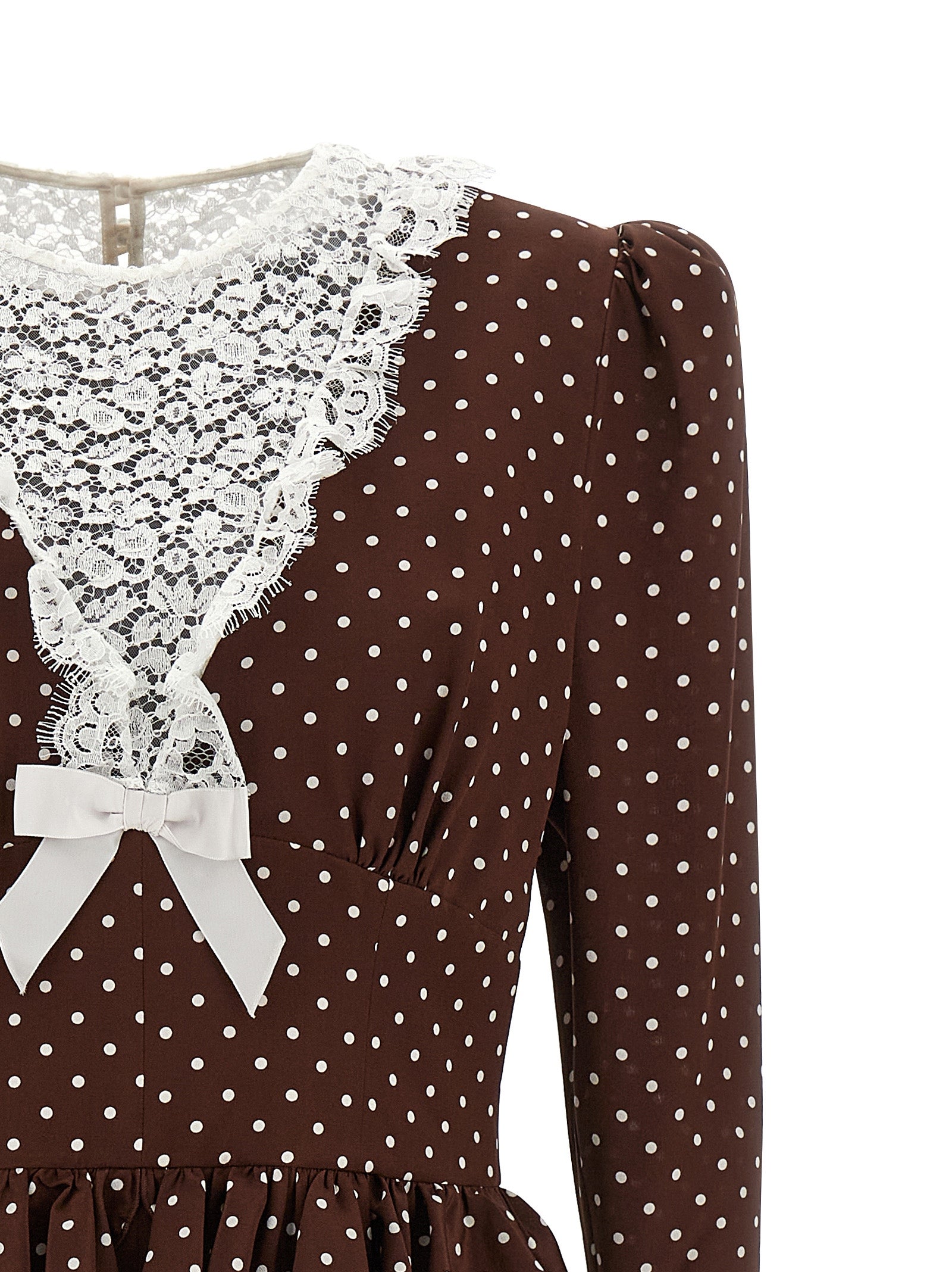 Dress by Alessandra Rich for women in silk brown & dots features a dramatic silhouette, showcasing an elegant crew split neckline and that flows into a dramatic midi.
