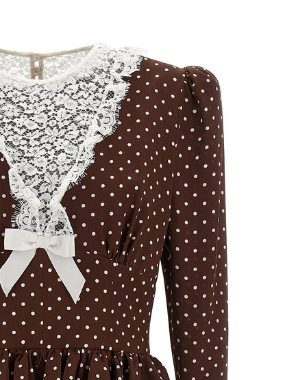 Dress by Alessandra Rich for women in silk brown & dots features a dramatic silhouette, showcasing an elegant crew split neckline and that flows into a dramatic midi.