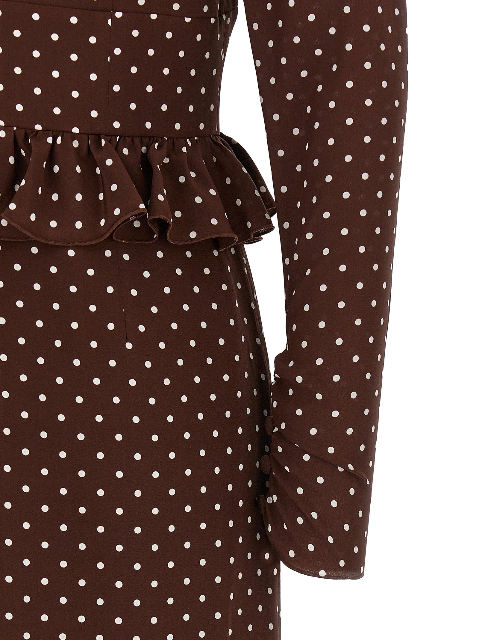 Dress by Alessandra Rich for women in silk brown & dots presents a sinuous silhouette, showcasing a sophisticated and detailed with a sinuous midi for a refined finish.