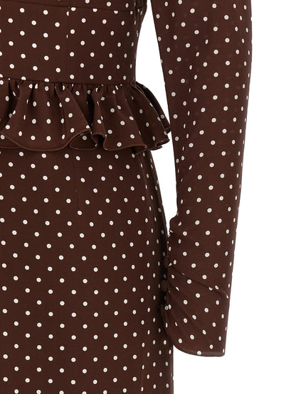 Dress by Alessandra Rich for women in silk brown & dots presents a sinuous silhouette, showcasing a sophisticated and detailed with a sinuous midi for a refined finish.