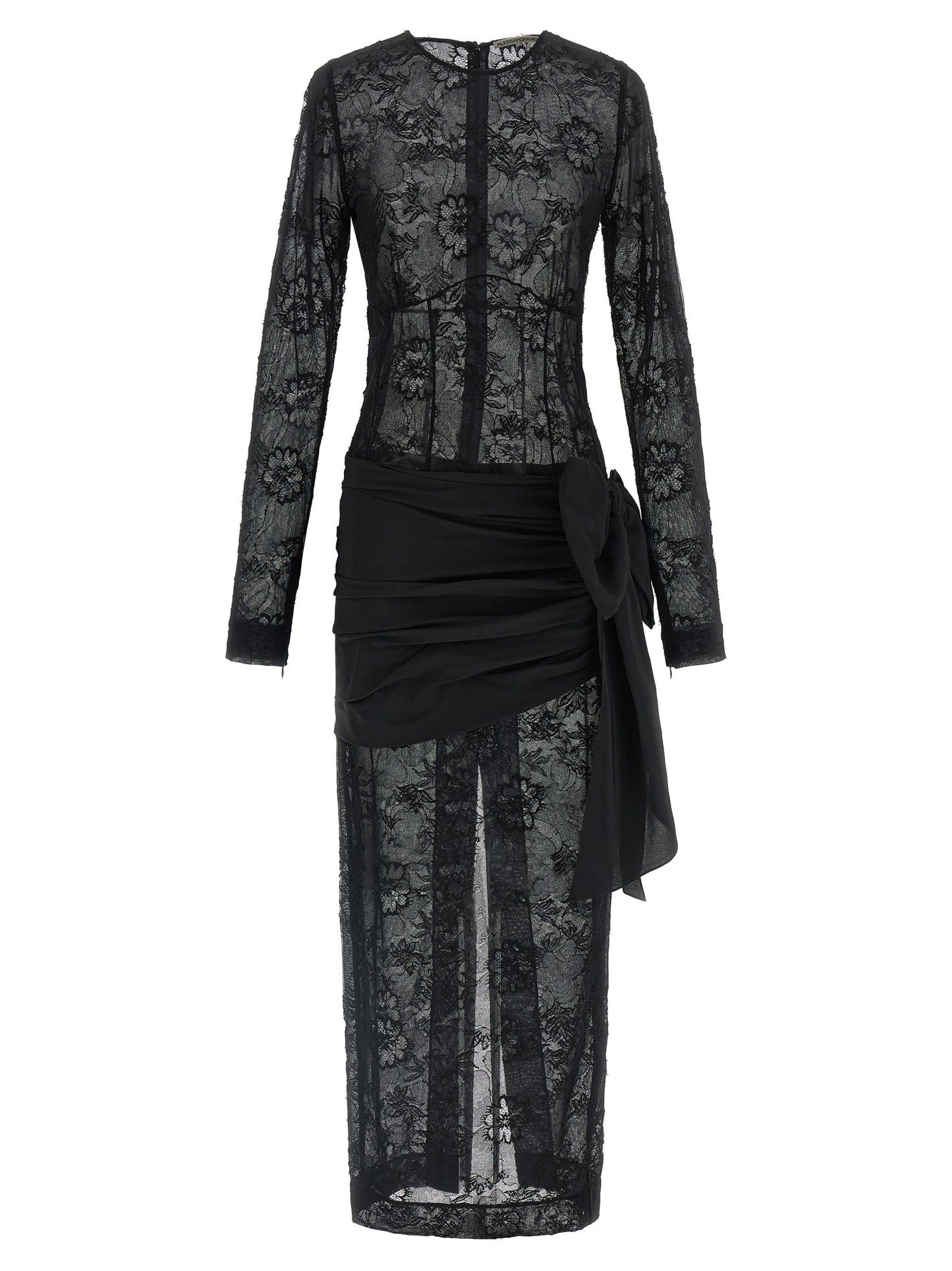 Dress by Alessandra Rich for women in polyamide silk viscose black & transparent showcases a striking silhouette, elegantly detailed with a long-sleeve, refined round split neckline, and a striking maxi long for a striking finish.
