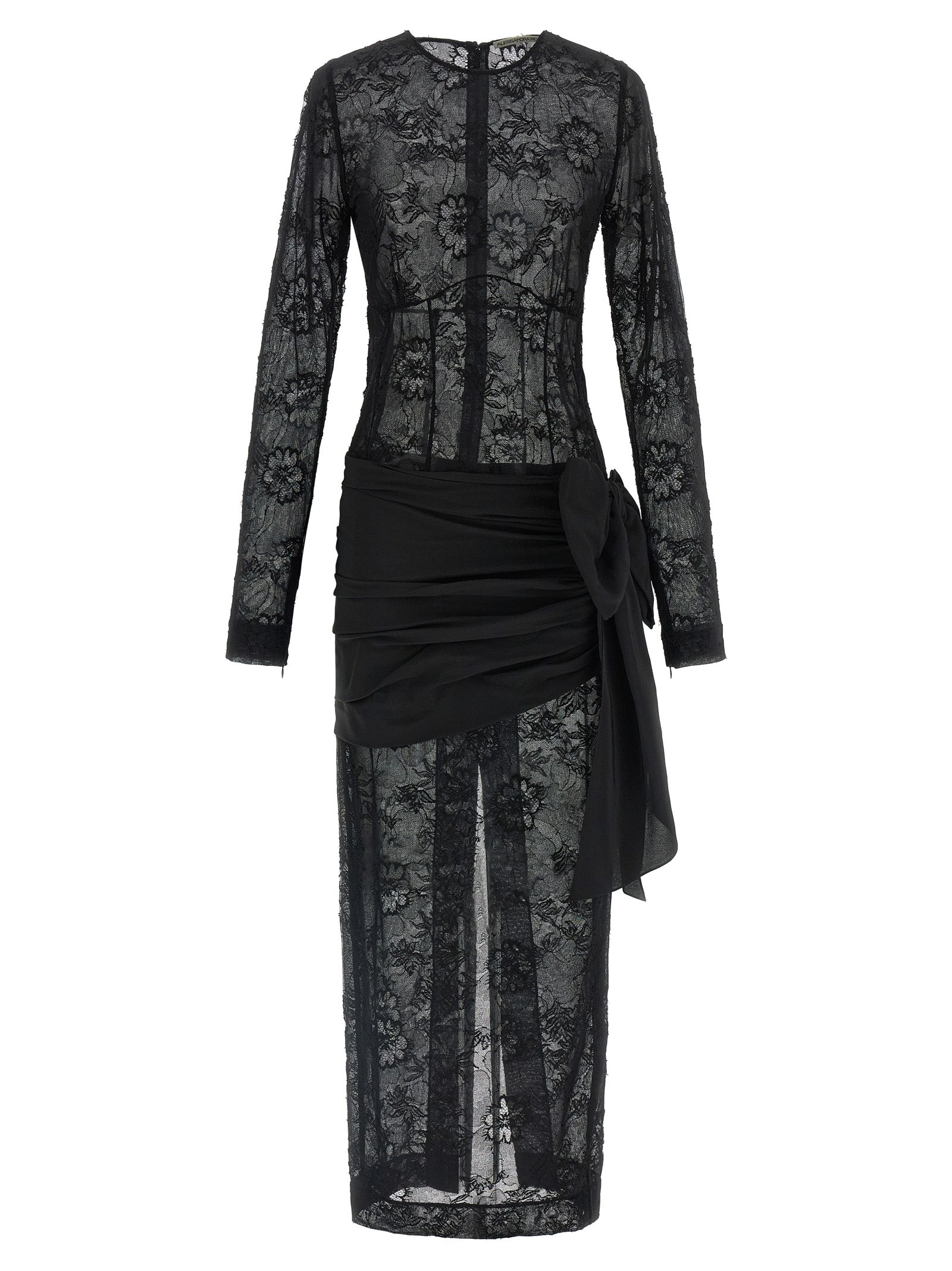Dress by Alessandra Rich for women in polyamide silk viscose black & transparent showcases a striking silhouette, elegantly detailed with a long-sleeve, refined round split neckline, and a striking maxi long for a striking finish.