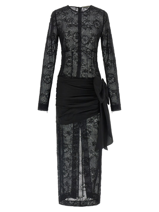 Dress by Alessandra Rich for women in polyamide silk viscose black & transparent showcases a striking silhouette, elegantly detailed with a long-sleeve, refined round split neckline, and a striking maxi long for a striking finish.