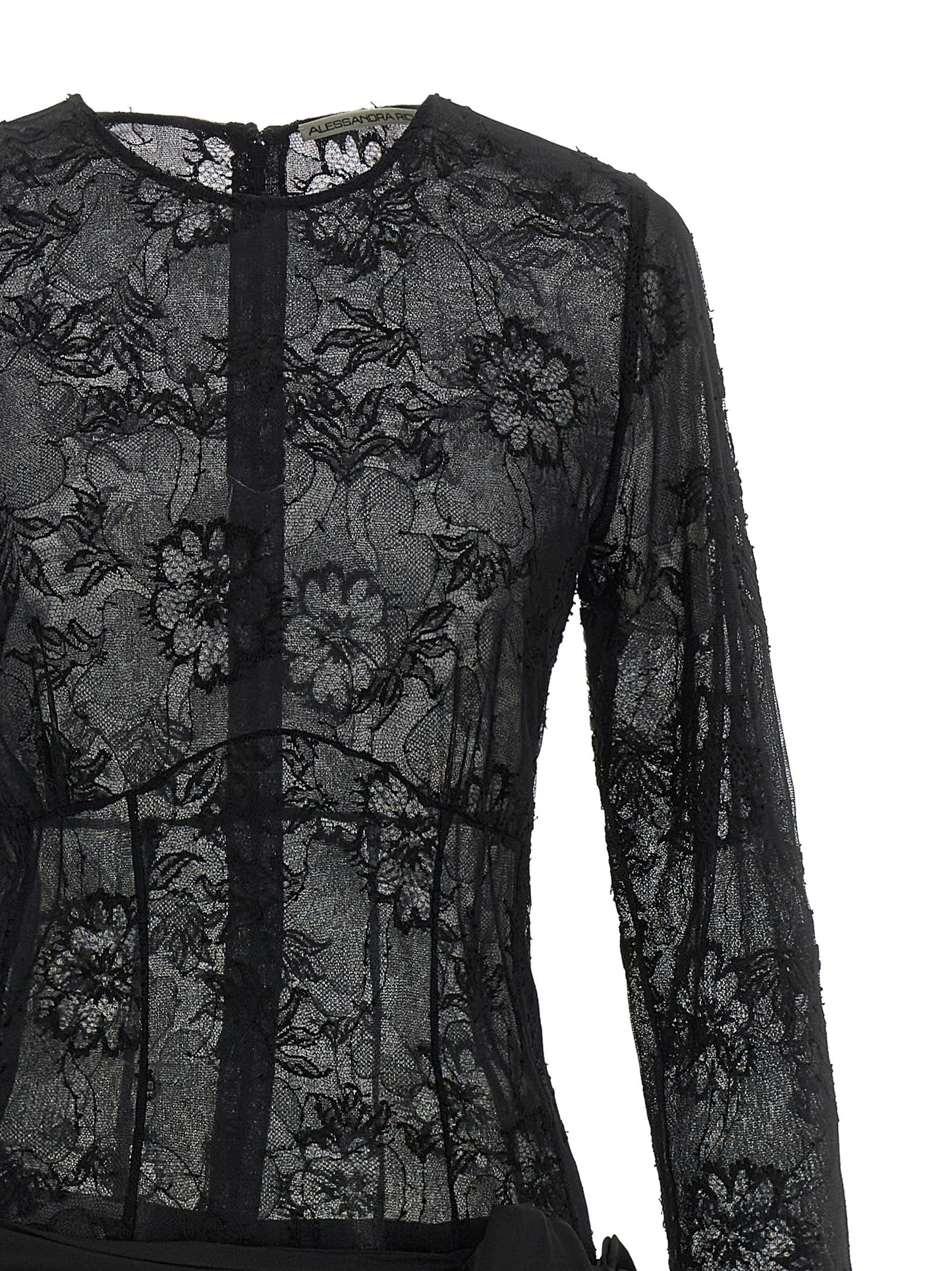 Dress by Alessandra Rich for women in polyamide silk viscose black & transparent features a dramatic silhouette, showcasing an elegant round split neckline and that flows into a dramatic maxi long.