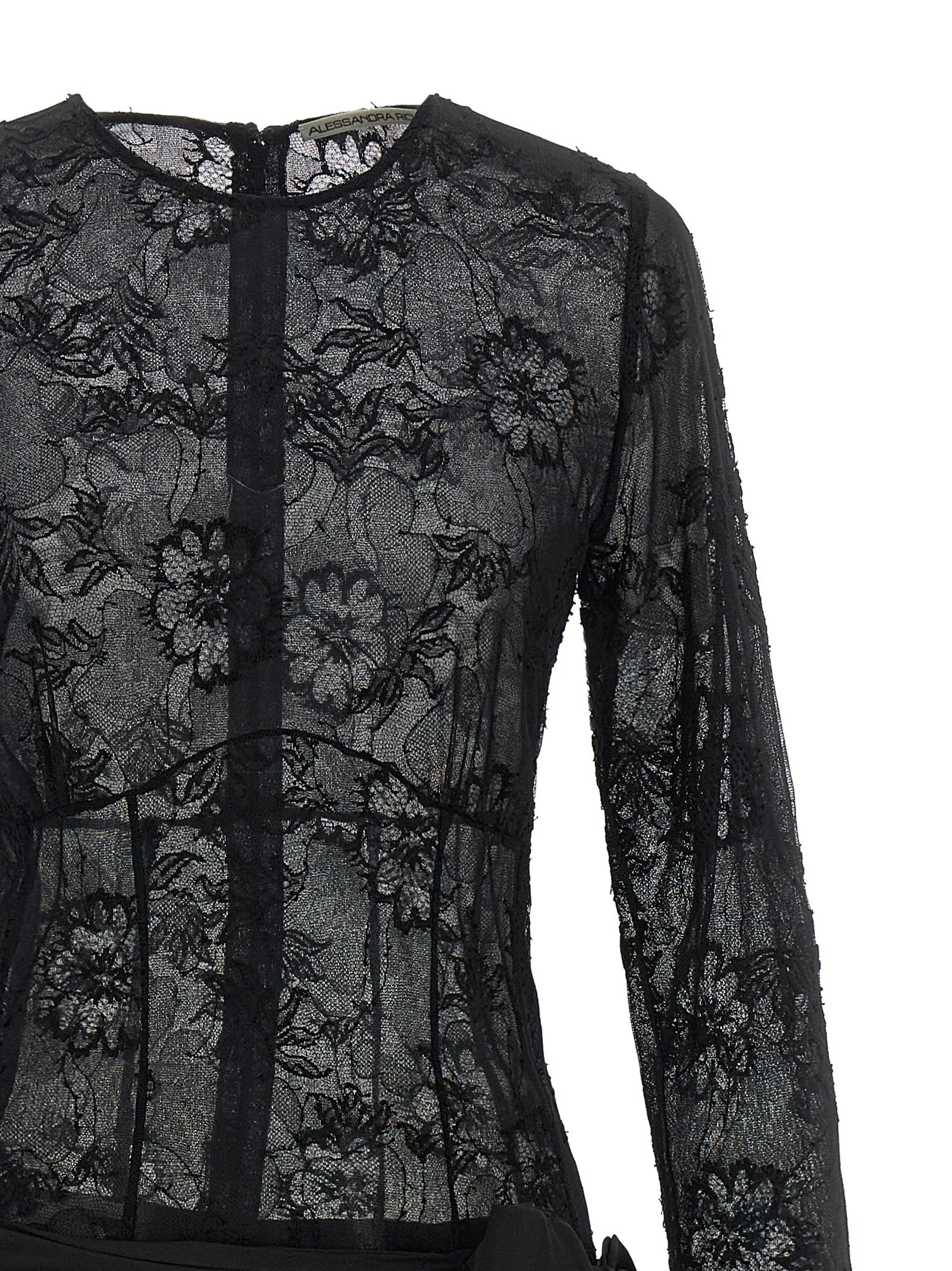 Dress by Alessandra Rich for women in polyamide silk viscose black & transparent features a dramatic silhouette, showcasing an elegant round split neckline and that flows into a dramatic maxi long.