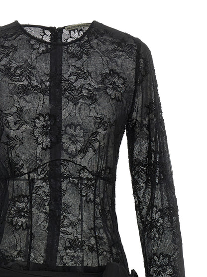 Dress by Alessandra Rich for women in polyamide silk viscose black & transparent features a dramatic silhouette, showcasing an elegant round split neckline and that flows into a dramatic maxi long.