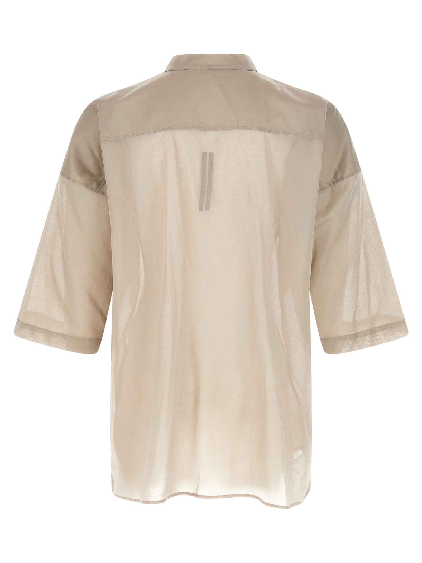 Shirt by Rick Owens for men in cotton gray & transparent showcases a sharp silhouette, elegantly detailed with a sharp high-neck neckline and sharp .