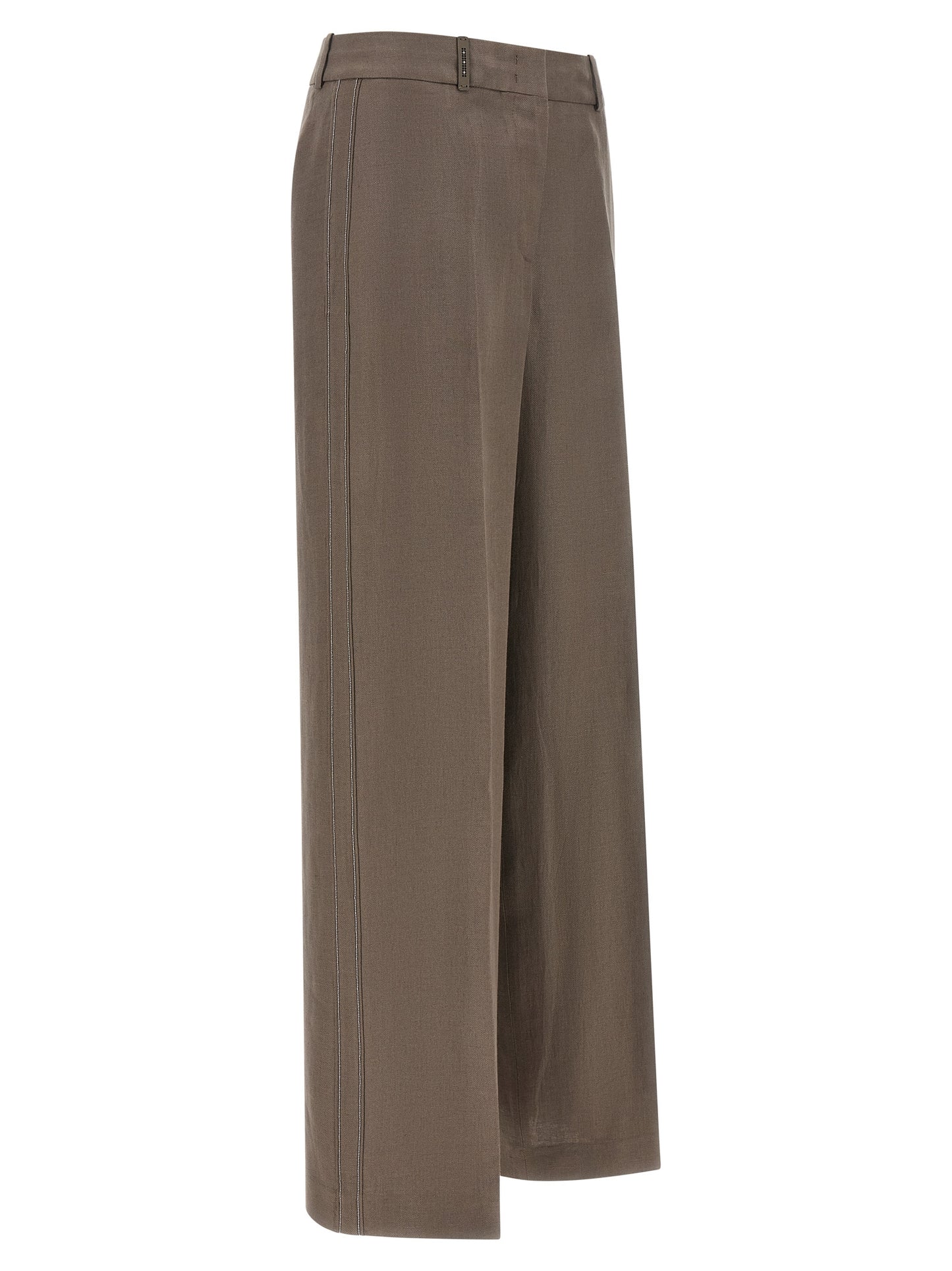 Trousers by Peserico for women in linen brown features an sartorial silhouette, showcasing a precise straight-leg & wide and long with a sartorial for a refined look.
