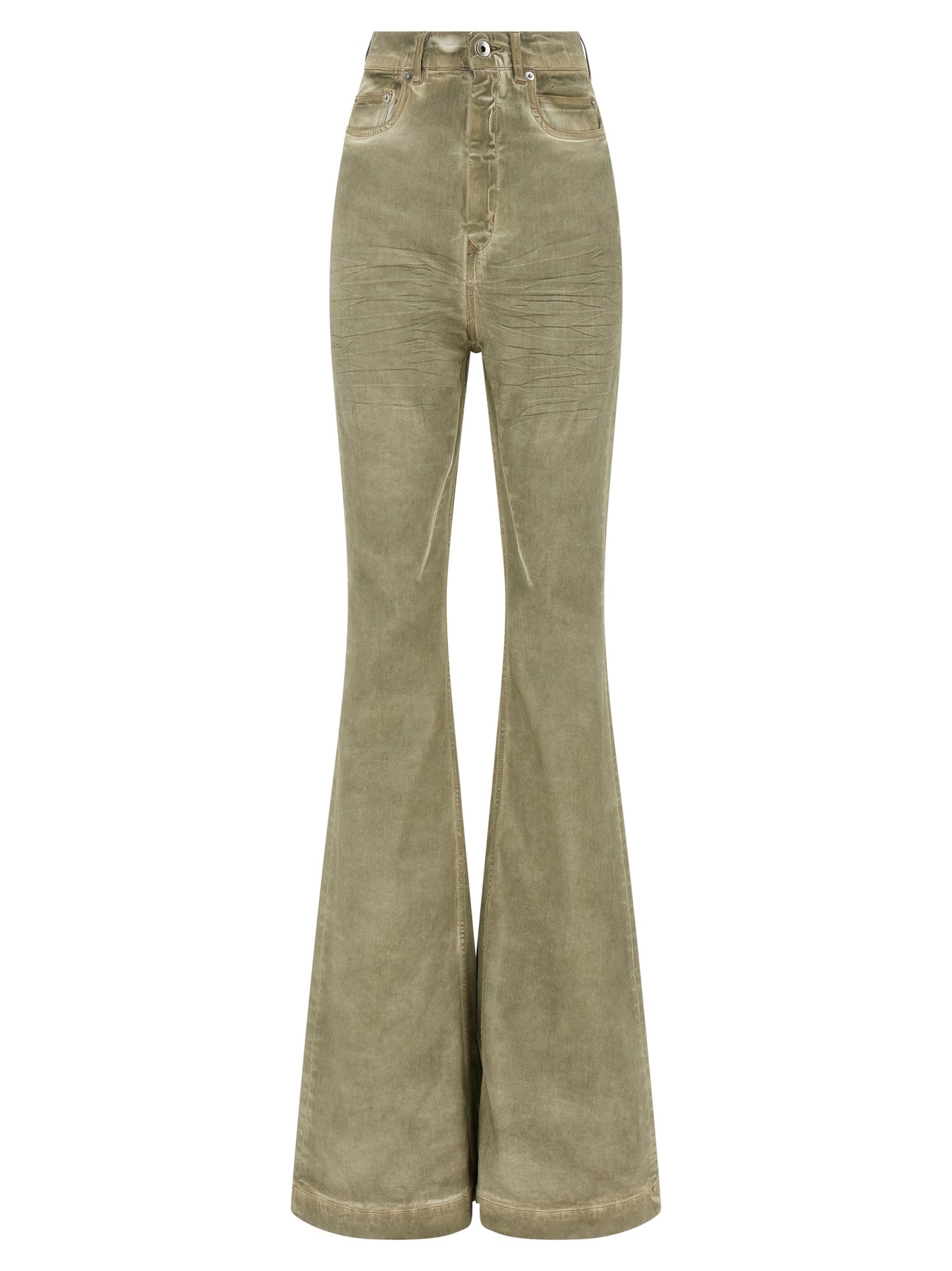 Jeans by DRKSHDW for women in stretch denim cotton beige & signature presents a tailored silhouette, showcasing a tailored flared & bootcut and long cut with a refined high rise for a truly tailored aesthetic.