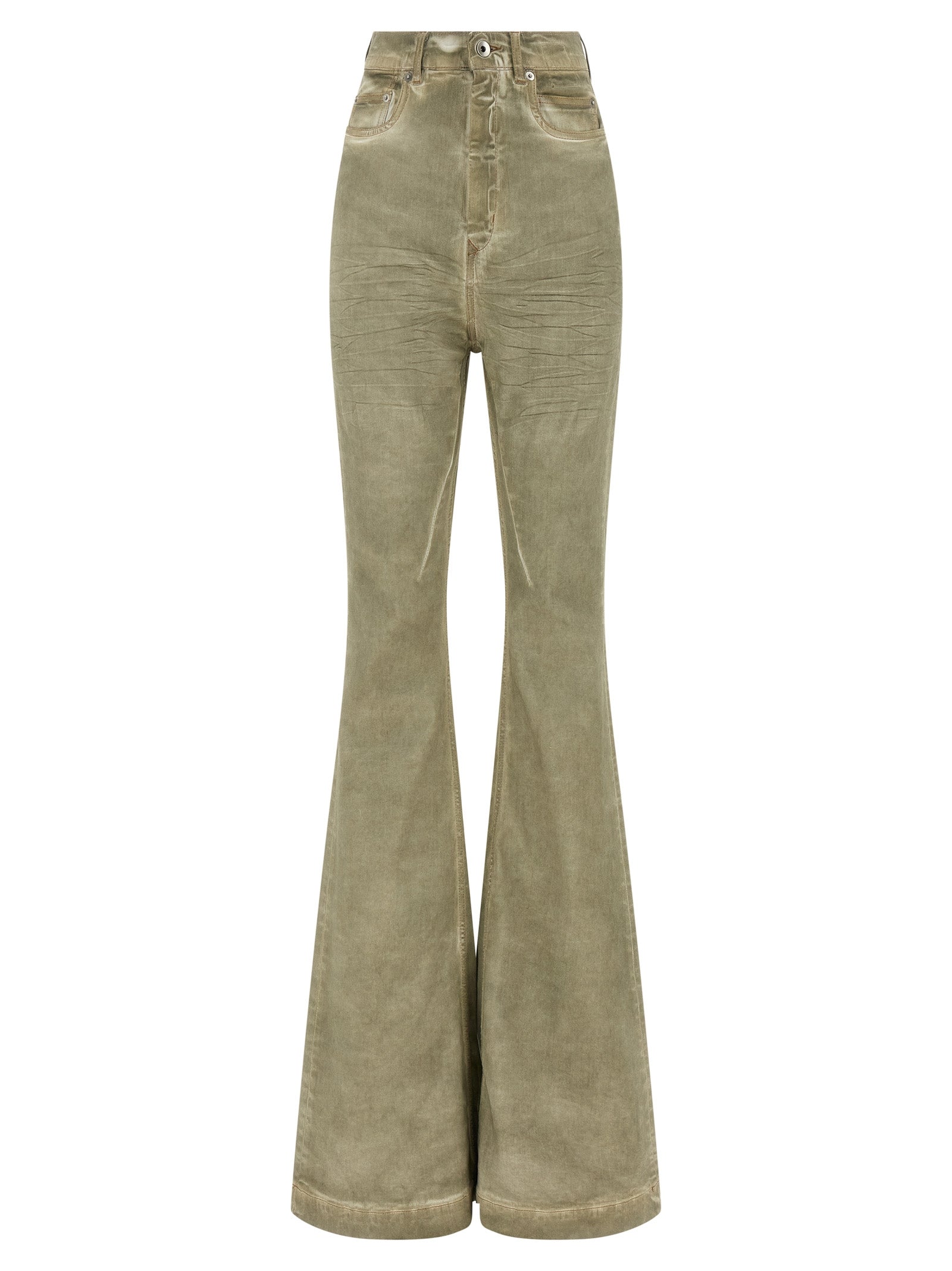 Jeans by DRKSHDW for women in stretch denim cotton beige & signature presents a tailored silhouette, showcasing a tailored flared & bootcut and long cut with a refined high rise for a truly tailored aesthetic.